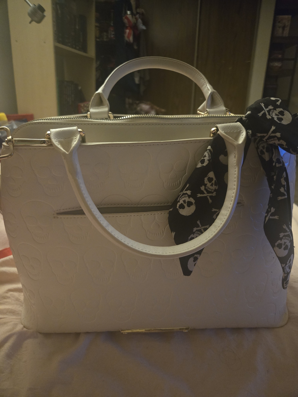 Betsey Johnson White Embossed Skull Satchel with Skull Scarf